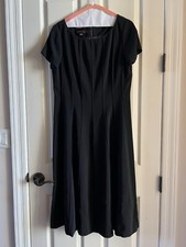 Anne Klein Lined Black Tea Length Dress, Ribbed, Short Sleeve, Size 12