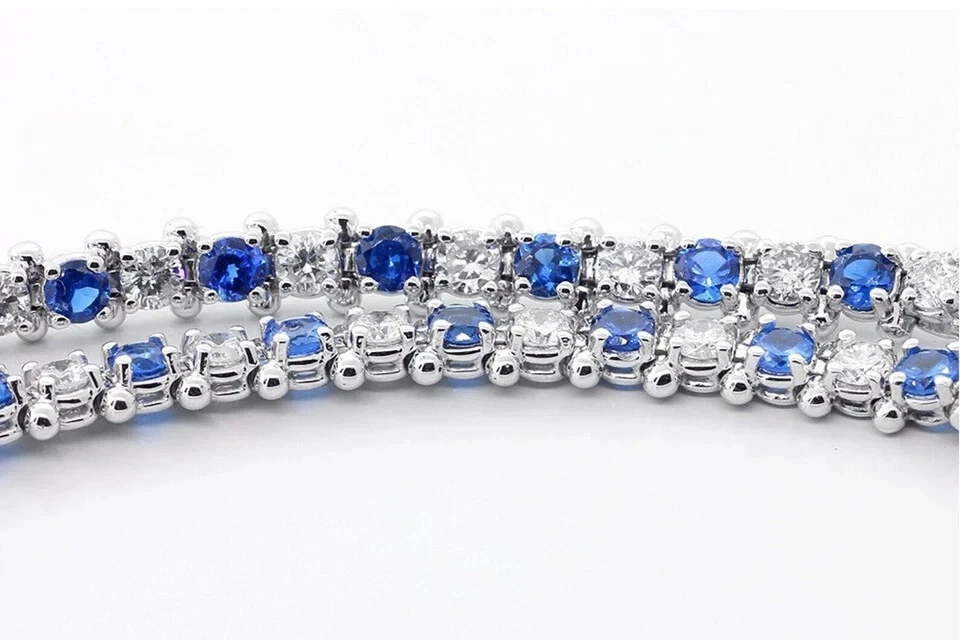 Brazalete tenis de eslabones de diamantes y zafiros naturales redondos de 6,00 quilates de oro blanco macizo de 14 quilates Foto 4 de 4