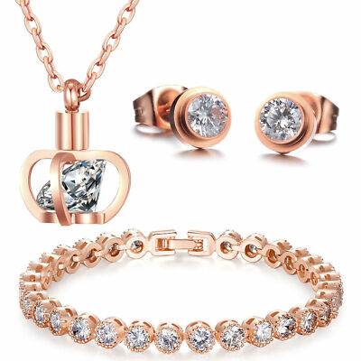 DAMEN EDELSTAHL SCHMUCKSET KRONE IN ROSEGOLD HALSKETTE OHRRINGE