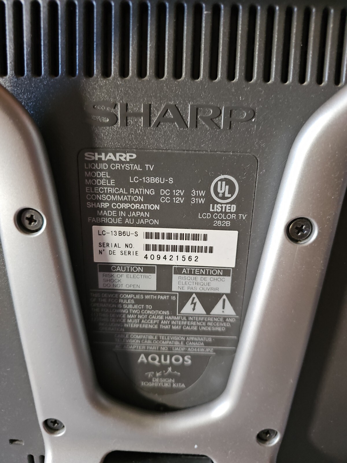 Vintage Sharp Aquos LC-13B6U-S Japan Made 13" LCD TV w/ Stand TESTED