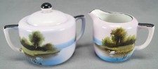 Noritake Hand Painted Lake & Swans Scenic Landscape Creamer & Sugar C 1921 -1933