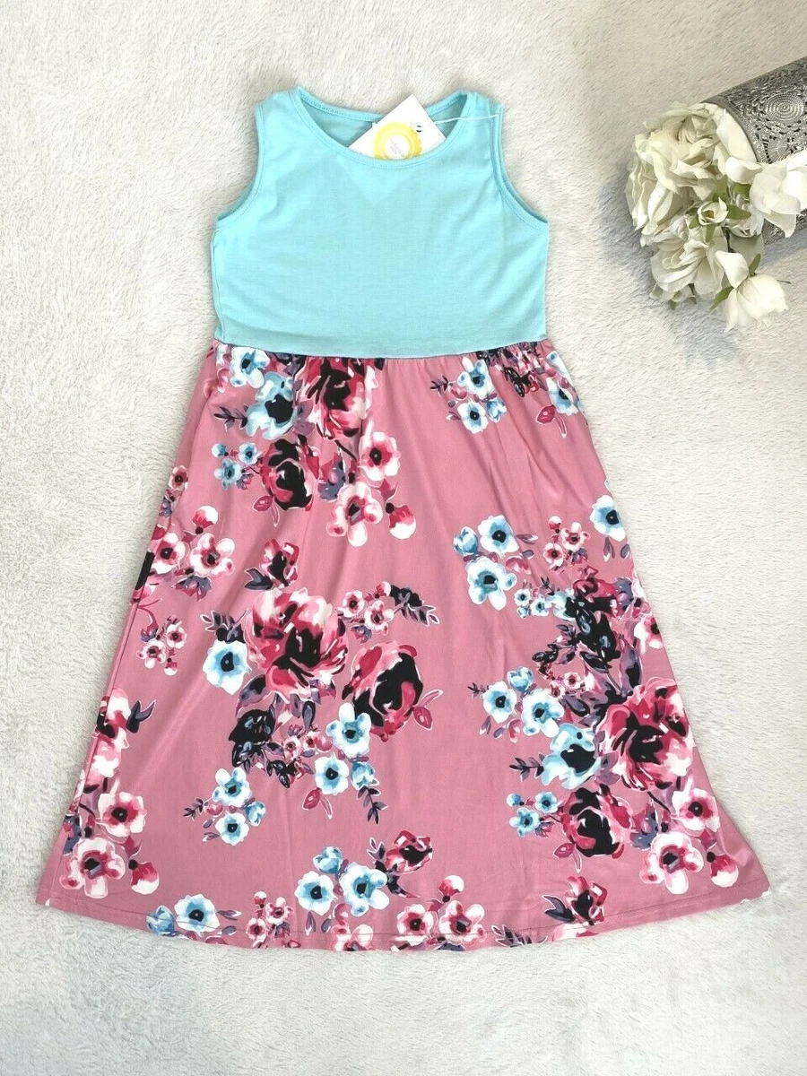 Size 3-4 Years Girls Dress New Sky Blue & Pink Floral Girls Dress with Pockets 