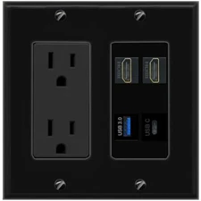 2 HD USB-3 USBC Port Wall Plate Black w Power Outlet