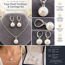 925 Sterling Silver Faux Pearl Necklace & Earrings Set White Pearl Bridal Gift