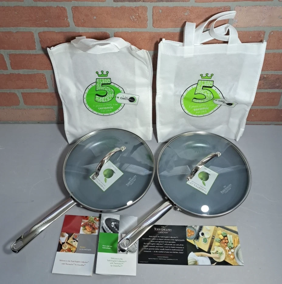 Set of 2 GreenPan 10 Inch Frying Pans / Glass Covers / Bags by Todd English