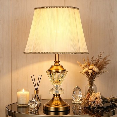 K9 Crystal LED Table Lamp, Brass Base Fabric Shade for Bedroom Living Room Study