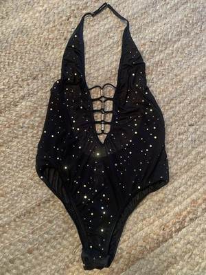 Exposed By Magic Silk Sheer Sparkly Teddy Size L Halter Deep Cut Front &back NEW