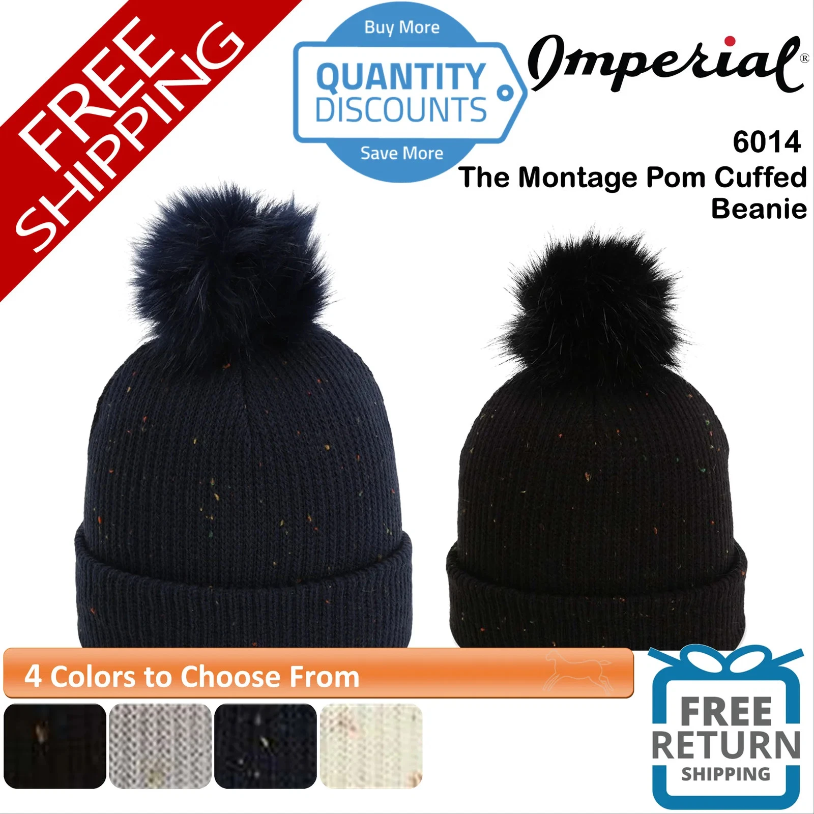 🔥 Imperial Men The Montage Pom Cuffed Beanie Hat 8" Tall With 3" Cuff 6014