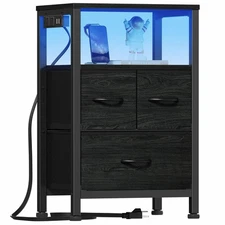 Black Nightstand with Wood Shelf, Bed Side Table with Led Light and Charging ...