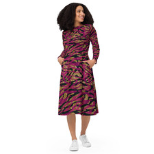 Purple Abstract Midi Dress Women's Long Sleeve Jersey Knit With Pockets