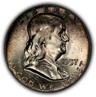 1957 50c Franklin Silver Half Dollar - Colorful Pattern Toning - BU - SKU-H3750