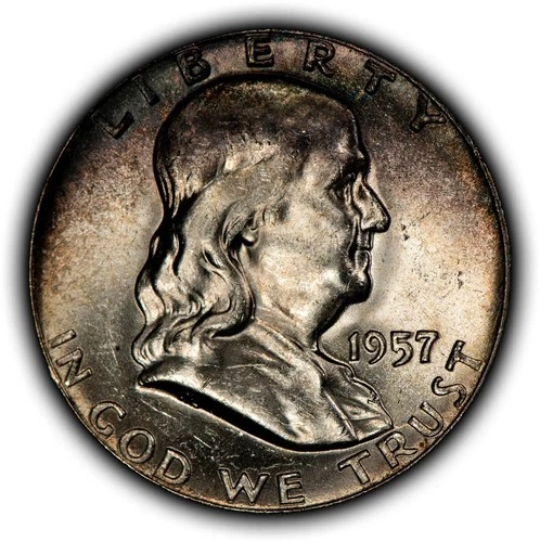 1957 50c Franklin Silver Half Dollar - Colorful Pattern Toning - BU - SKU-H3750