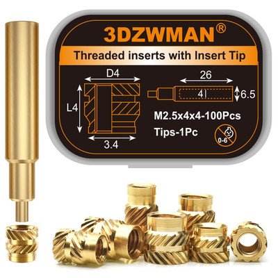 M2.5 Threaded Inserts for Plastic-100Pcs M2.5Xl4Xd4 with Heat Set Insert Tools-B