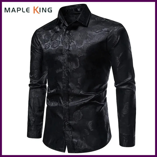 Camisa Seda Hombre Estampado Rosa Negra Floral Manga Larga Fiesta Boda Lujo - Imagen 3 de 28
