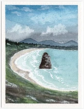 4x3 Watercolor Painting Original Calm Oregon Coast PNW Beach Ocean Rock Signed