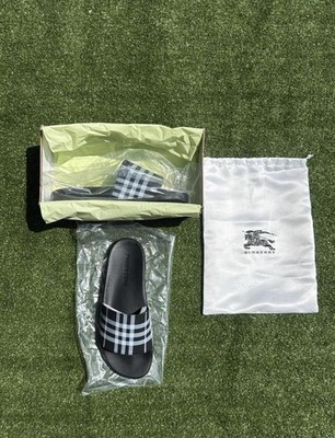 Burberry Check Logo Leather Slide Sandals Black/White/Gray US 8 NWB EU 41