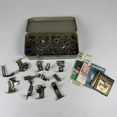 Lot of Vintage Metal Sewing Machine Bobbins 1, 4, & 10 Hole + Greist Attachments