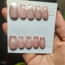 Short Coffin Nude Pink Cateye Medium Size Handmade PressOn Nails With BuilderGel