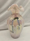 Vintage 1940s Fenton Art Glass Vase C Schaffer Hand Painted Pink Iridescent 7.5”