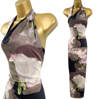 Karen Millen 8 UK Vintage Satin romantisch Blumen Neckholder langes Maxikleid