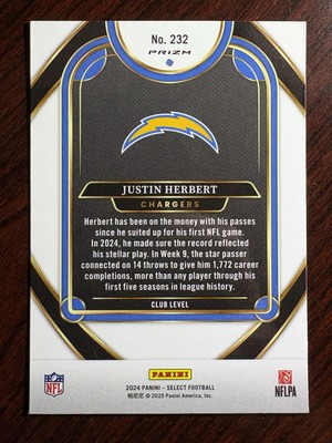 2024 Panini Select Justin Herbert Club Level Zebra Prizm Chargers