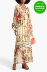 Robe maxi crêpe FARM RIO taille S beige doublée motif floral col V PRIX CONSEILLÉ 330 €