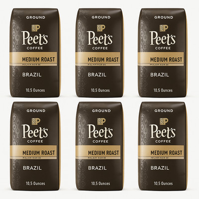 Peet's Coffee Brazil Ground Medium Roast, Case of 6 Bags 10.5 Ounce  AUG/2026 