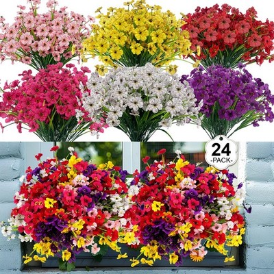 24 Pcs (6 Color) UV Resistant Outdoor Artificial Faux Flowers Plants Realisti...