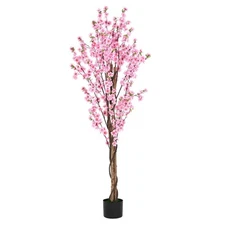 Artificial Peach Blossom Tree Tall Silk Flowers Indoor Plant with Black Plastic