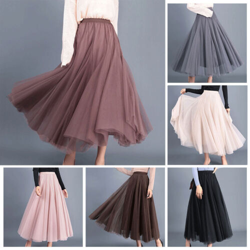 Women Elegant Mesh Tulle Layered Tutu Skirt Pleated Party Ladies Maxi Long Dress - Picture 1 of 22