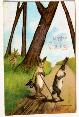 10345 Postkarte Ostern Osterhasen Pärchen Easter Greetings Easter Tide um 1920
