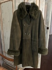 Stunning Jean Guise Shearling Lambskin Women’s Green Coat Fur Trim - Size 14