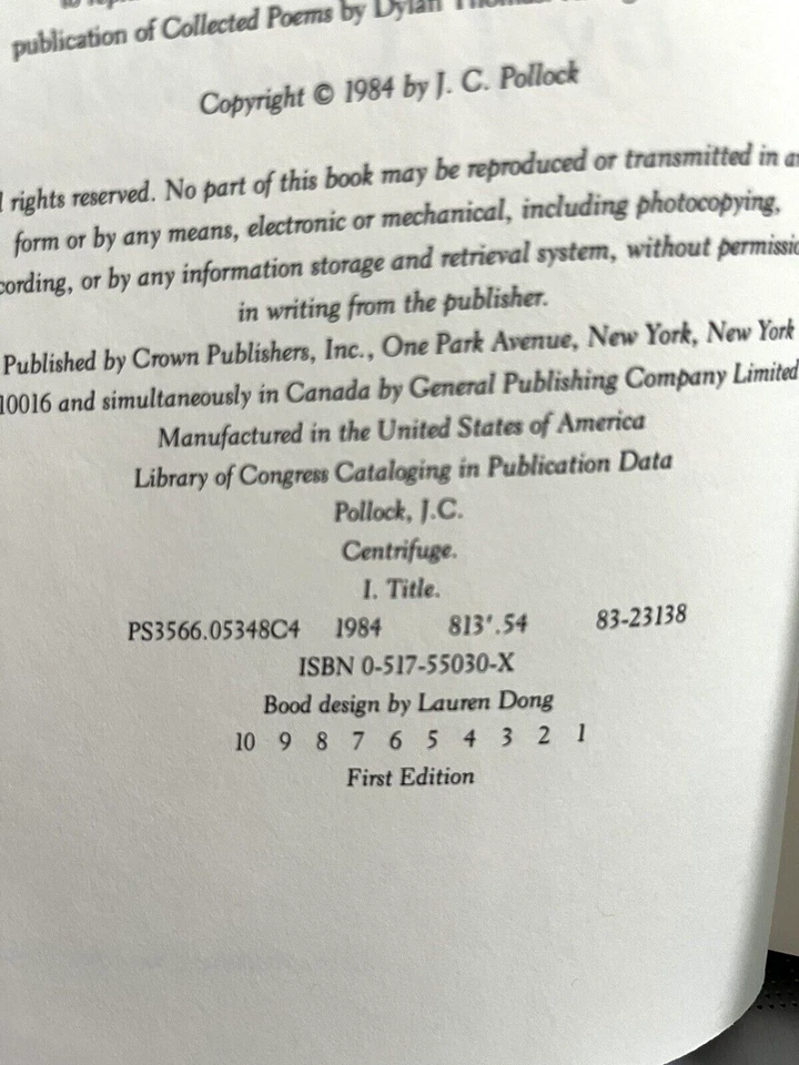 Centrifuge by J.C. Pollock Vintage HC DJ     1st Ed    1984   Crown Publishers Foto 4 de 4