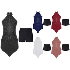Women Dress Tassel Bodysuit Rhinestones Leotard With Shorts Fringe Modern Shiny