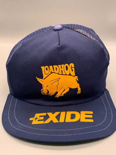 VINTAGE Trucker Mütze Kappe Druckknopflasche blau gelb Exide Laderei Batterien Schwein Herren
