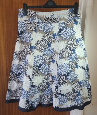 Womens size 12 mia moda flared skirt blue cream floral a-line length 27'' summer