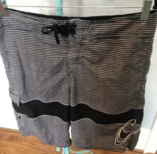 O Neill Mens Size 33 Black And White Striped Board Shorts, Tie Waist Pocket