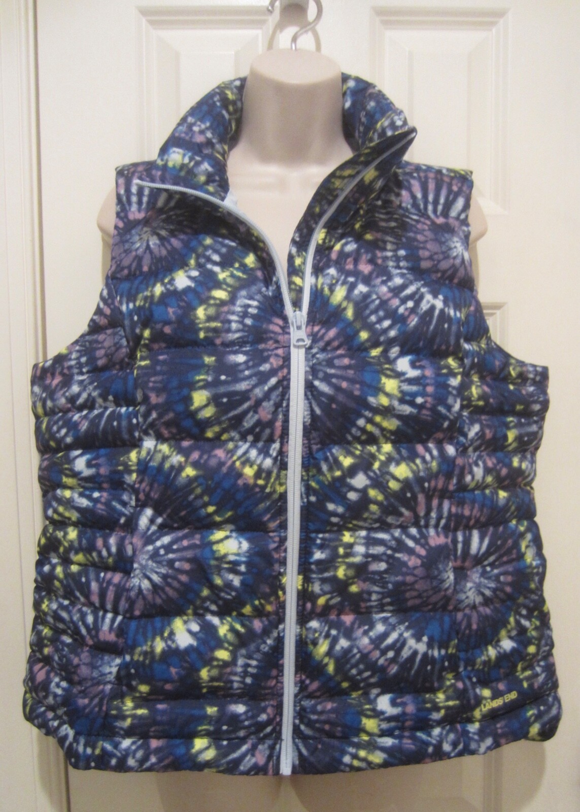 Lands End Womens Down Vest Puffer Tie Dye Winter Front Zip Colorful