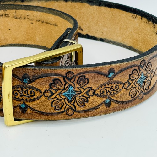 Cinturón de cuero vintage años 70 mecanizado a mano hebilla de latón suroeste boho chic - Imagen 2 de 10