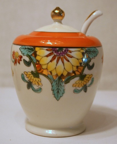 Vintage Noritake Hand Painted Flower Sugar Bowl With Lid & Spoon Made In Japan