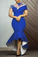 Royal Blue Mermaid Prom Dresses High Low Fit Special Occasion Dress Cap Sleeves 