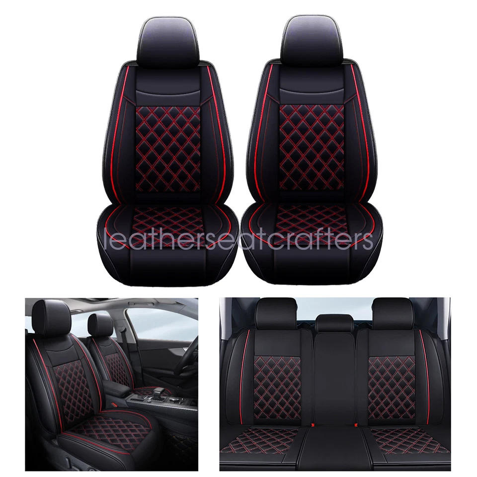 Full Set 5-Sits Front & Rear Seat Cover Leather Cushion Black+Redline For TOYOTA Foto 2 de 4