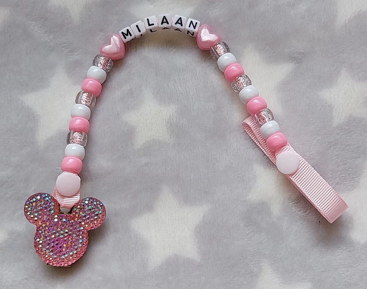 BABY BLING MICKEY MINNIE MOUSE PERSONALISED DUMMY HOLDER SAVER CLIP MANY COLOURS