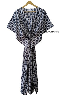 Black & White Cotton Loose Short Sleeve Floral Print Free Size Boho Caftan Dress