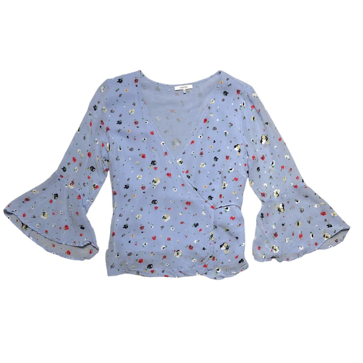 Ganni Serenity Blue Dainty Floral Georgette Wrap Top Blouse US S | eBay
