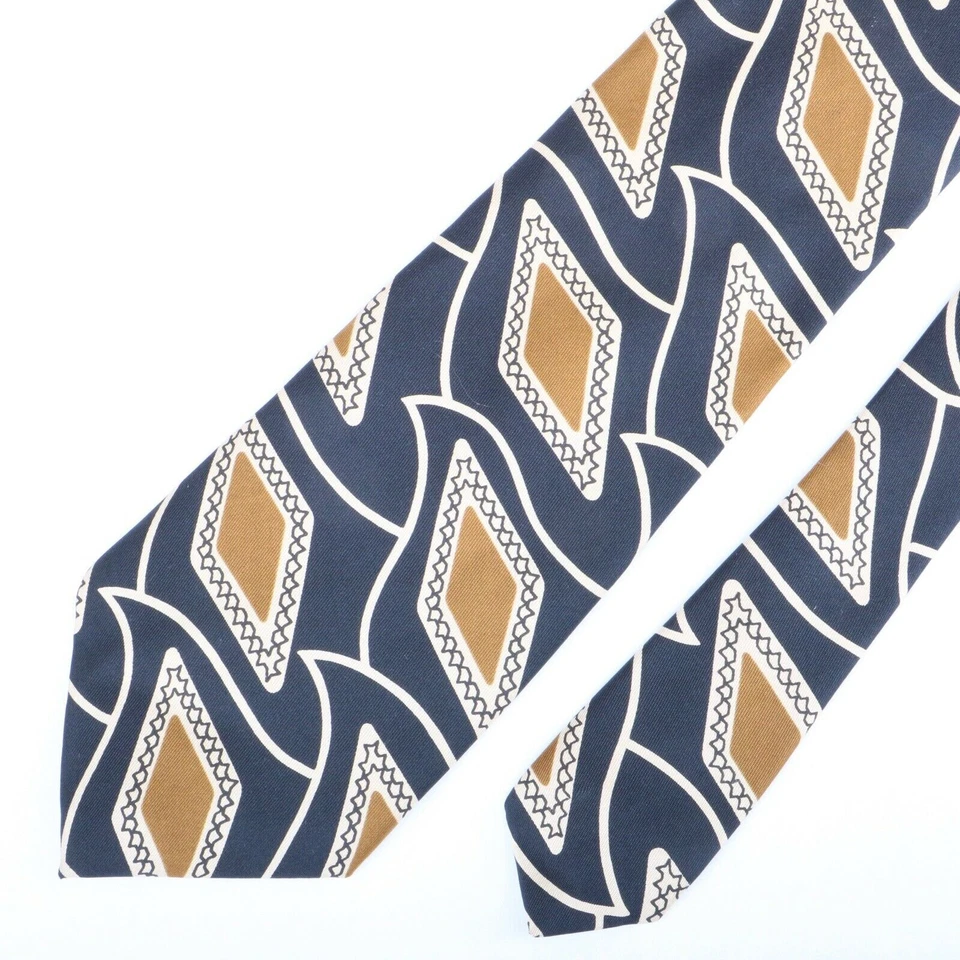Hardy Amies Silk Necktie Blue Gold White Fin Print Tie - Image 2 of 4