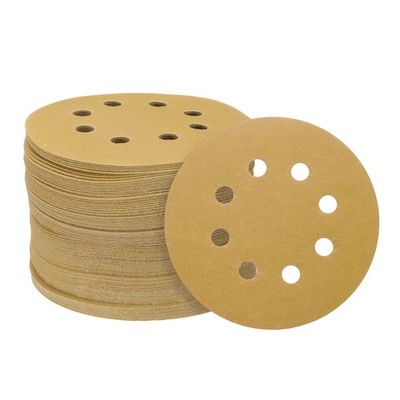 100pcs 5'' Hook and Loop Sanding Discs 220 Grits 8-Hole Sandpaper, Yellow