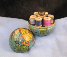 MINIATURE GLOBE ATLAS WORLD MAP VINTAGE ENAMEL SEWING ETUI NEEDLE CASE BOBBIN
