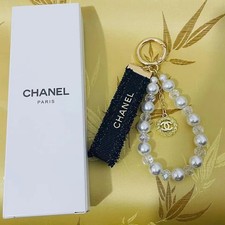 Chanel Novelty pearls Charm Gold Lucky Logo design Keychain Key chain Dark Blue