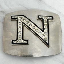 Rhinestone Studded N Letter Initial Monogram Silver Tone Belt Buckle
